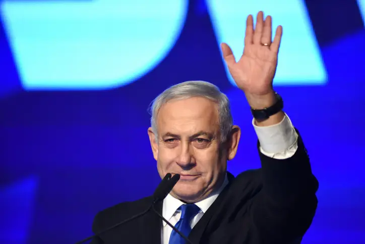 Israeli Prime Minister Benjamin Netanyahu, head of the Likud Party, carries a speach after the release of first voting results in the Israeli general elections