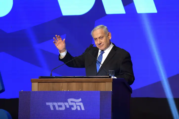 Israeli Prime Minister Benjamin Netanyahu, head of the Likud Party, carries a speach after the release of first voting results in the Israeli general elections